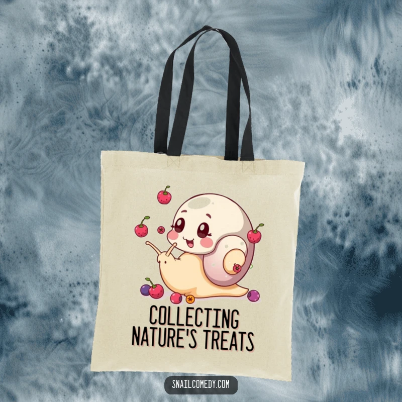 Funny snail tote bag with a snail juggling berries using its eye stalks, a charming and functional accessory.