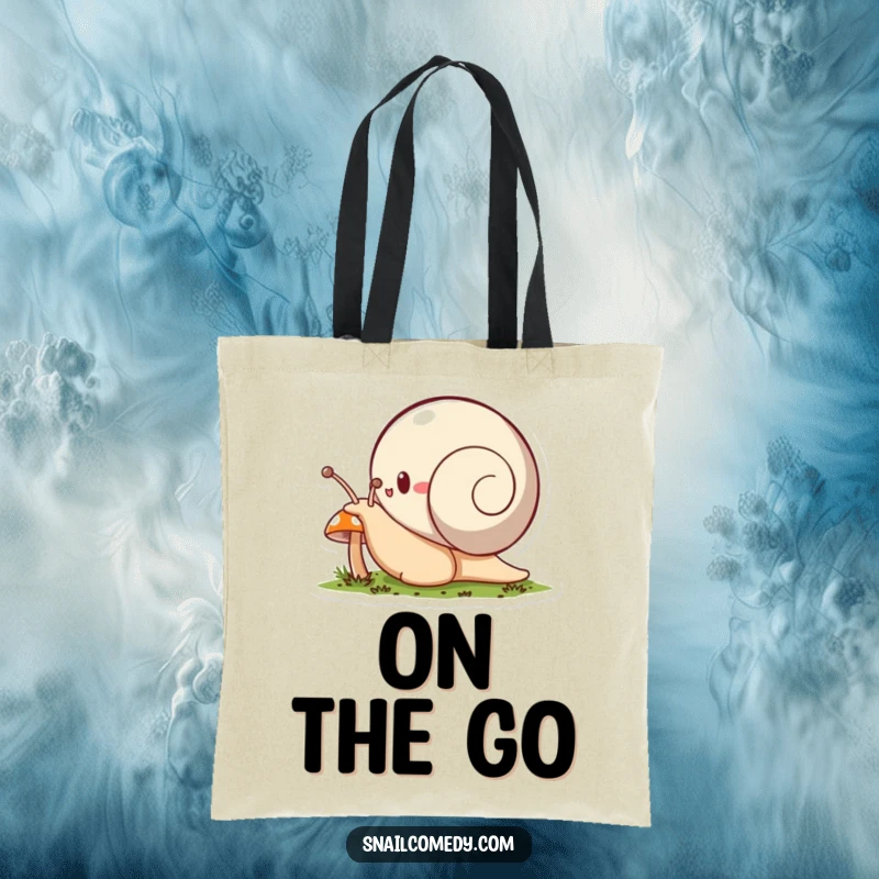 Funny snail tote bag, a snail character enthusiastically explores a tiny mushroom, perfect for carrying adventure gear.