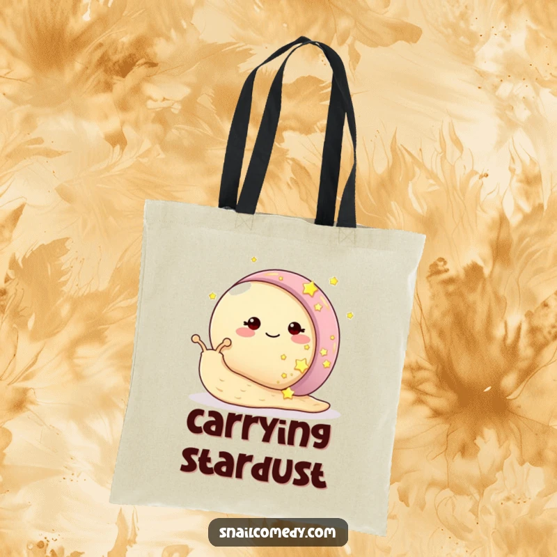 Funny snail tote bag featuring a smiling snail with its shell decorated with tiny, glowing stars, perfect for magical errands.