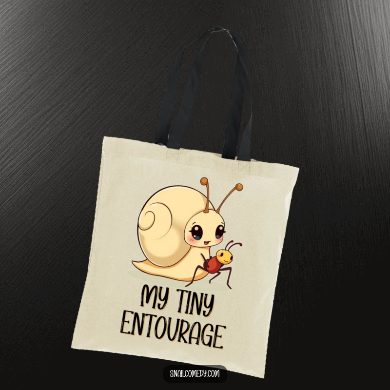 Funny tote bag featuring a surprised snail character encountering a friendly ant, perfect for daily use with a touch of humor.