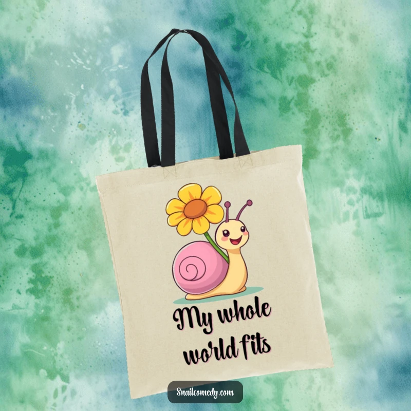 Funny tote bag showcasing a snail character joyfully carrying a large, colorful bloom on its shell.