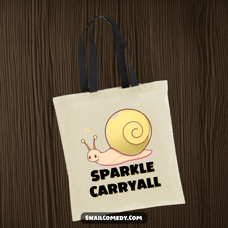 Funny snail tote bag, a snail character joyfully leaves a shimmering trail, perfect for carrying items with flair.