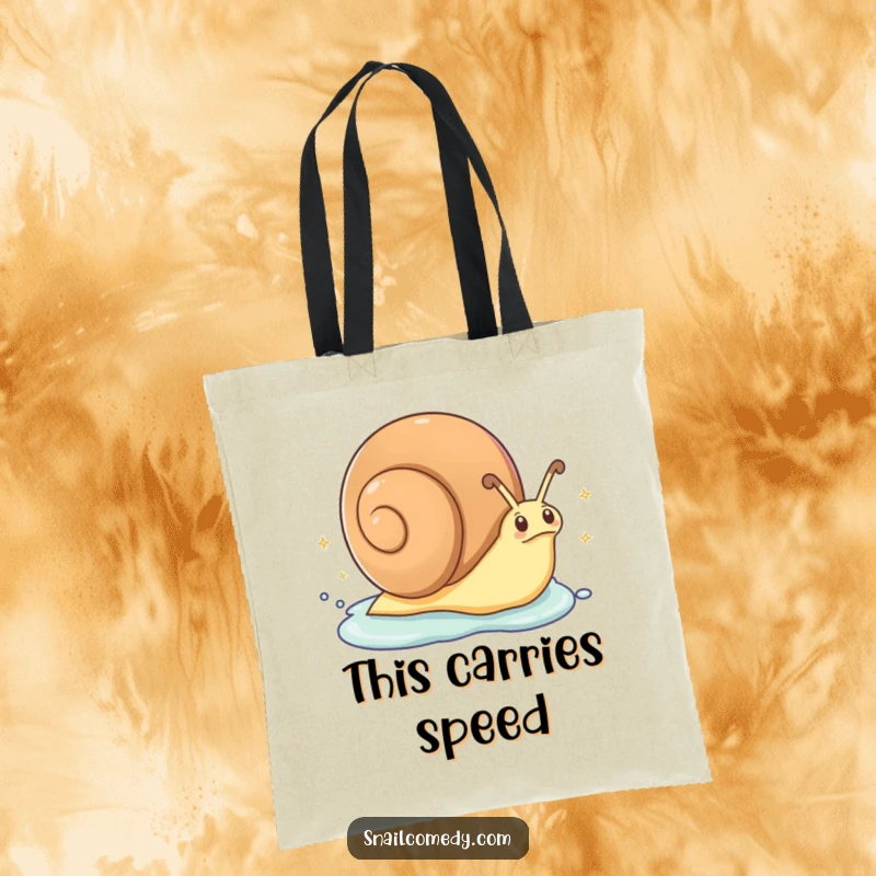 Funny Tote Bag: An excited snail zips along, leaving a trail of sparkling slime, making this a humorous and practical accessory.